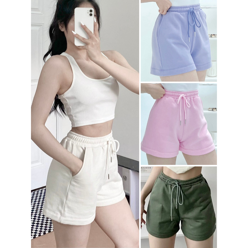 sena.club- Quần short nữ vải thun nỉ chân cua cạp chun dây rút- Quần đùi nữ chất nỉ bông dày lưng cao dây rút thời trang
