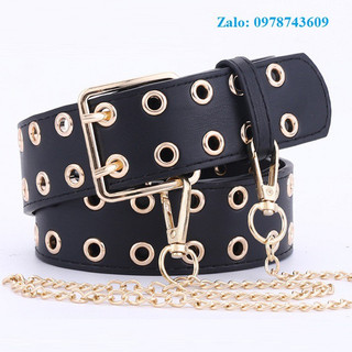 Thắt lưng nữ Nịt da xích kèm chain 2 hàng lỗ Khoen vàng Bản 4cm