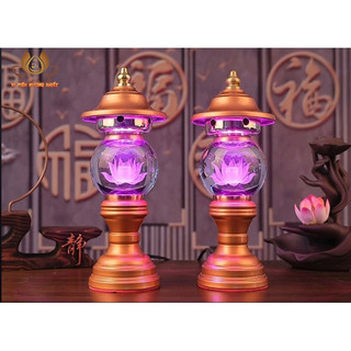[HÀNG SẴN] CẶP 2 CÂY ĐÈN LED HOA SEN PHA LÊ THỜ CÚNG TRANG TRÍ