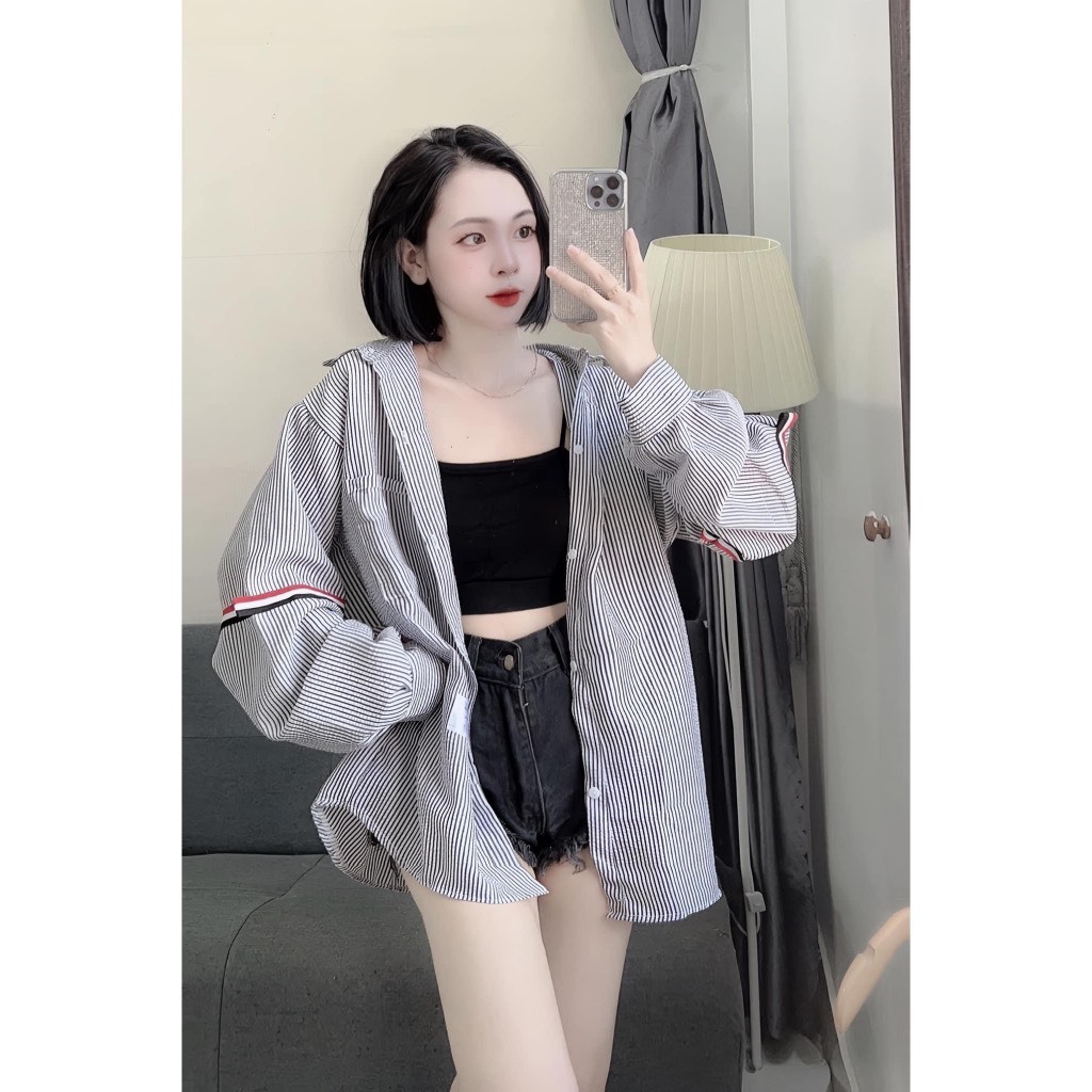 Áo Sơ Mi Quốc Dân  nữ Kẻ Sọc 2 Tay Thời Trang Unisex