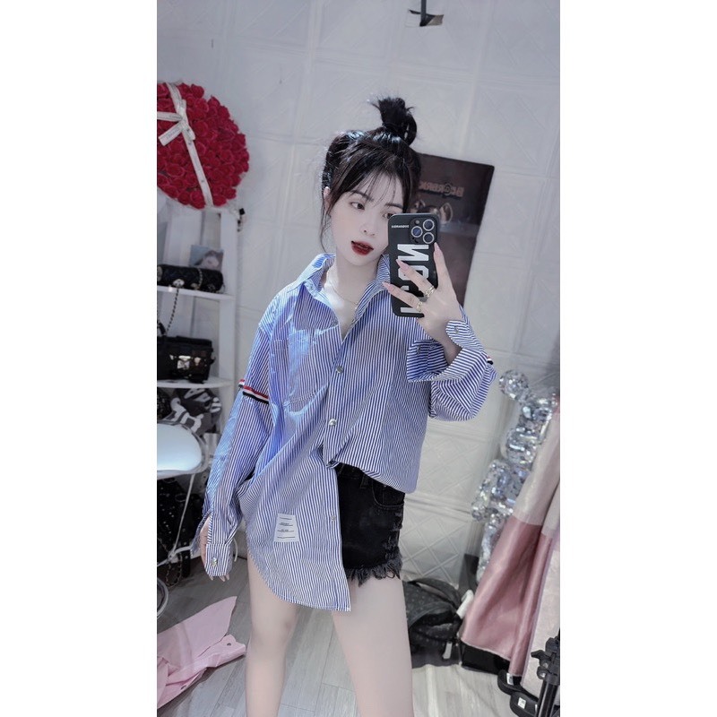 Áo Sơ Mi Quốc Dân  nữ Kẻ Sọc 2 Tay Thời Trang Unisex