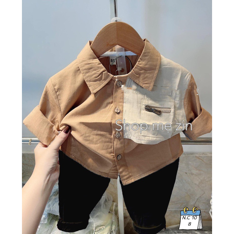 Sét bộ áo sơ mi đũi dài tay phối quần dài kaki rách cho bé trai