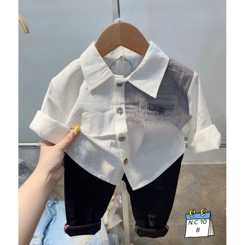 Sét bộ áo sơ mi đũi dài tay phối quần dài kaki rách cho bé trai