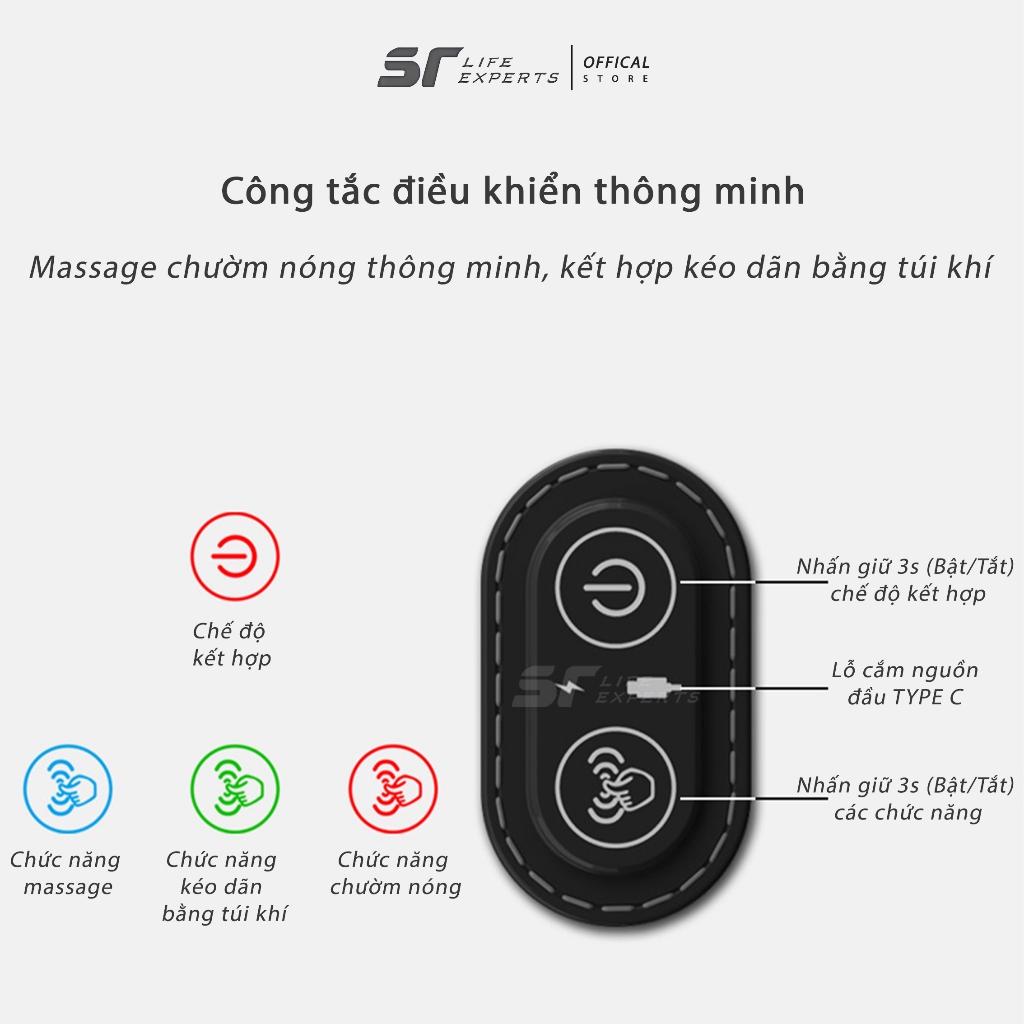 Gối Kê Lưng Sairui Túi Khí Kéo Dãn Lưng Tích Hợp Massage Và Chườm Nóng Cao Su Non Giảm Đau Cột Sống