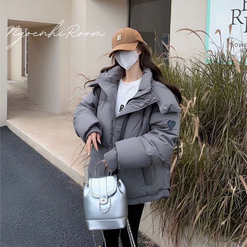 Áo Phao Béo Siêu Ấm Hoạ tiết Tim Basic, Áo Khoác Phao Đại Hàn Mặc Đôi Nam Nữ Unisex