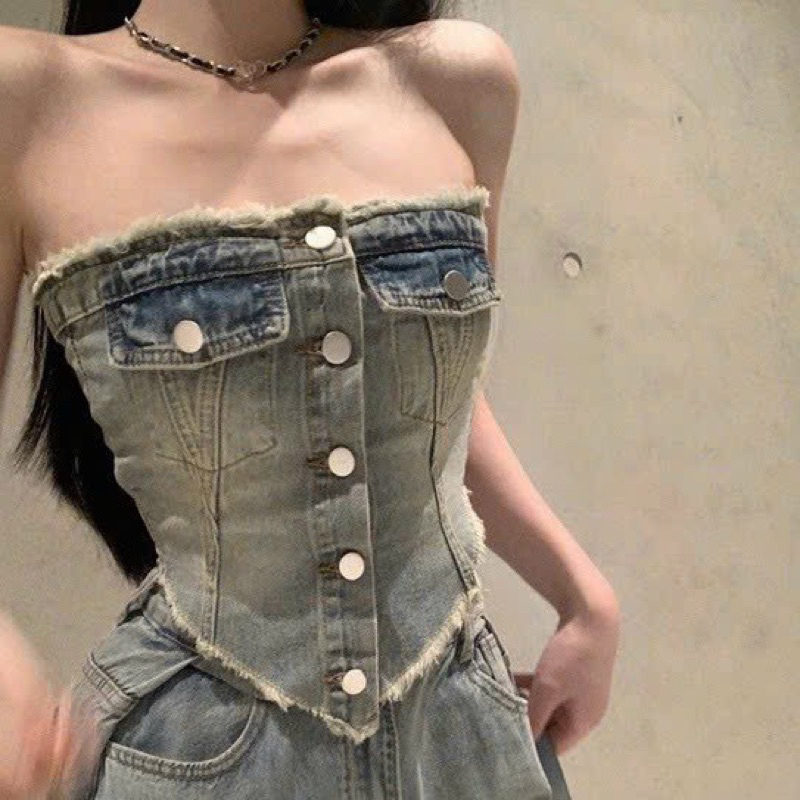 Áo jeans, áo tà nhọn, áo crotop, áo 2 dây, áo crotop jeans, áo ống