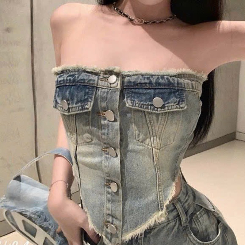 Áo jeans, áo tà nhọn, áo crotop, áo 2 dây, áo crotop jeans, áo ống