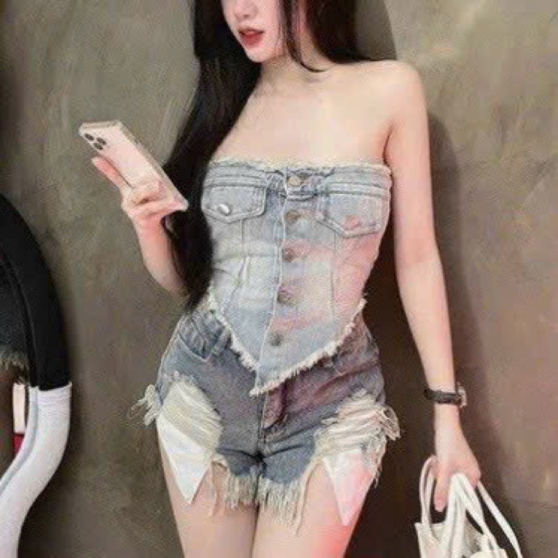 Áo jeans, áo tà nhọn, áo crotop, áo 2 dây, áo crotop jeans, áo ống