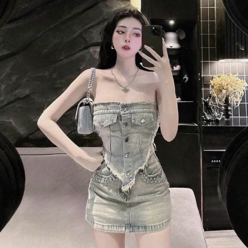 Áo jeans, áo tà nhọn, áo crotop, áo 2 dây, áo crotop jeans, áo ống