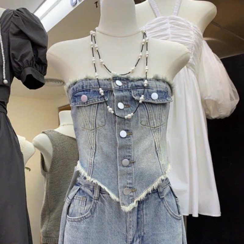 Áo jeans, áo tà nhọn, áo crotop, áo 2 dây, áo crotop jeans, áo ống