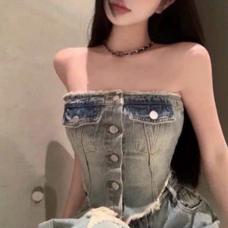 Áo jeans, áo tà nhọn, áo crotop, áo 2 dây, áo crotop jeans, áo ống