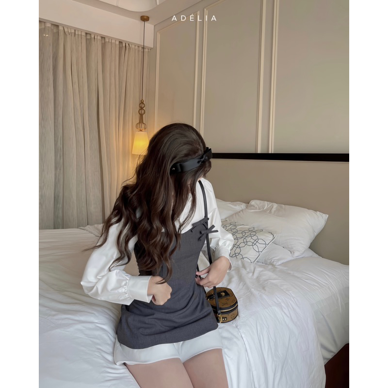 Adélia - Áo chiết eo xám tiêu phối tay thanh lịch Vyvy Top