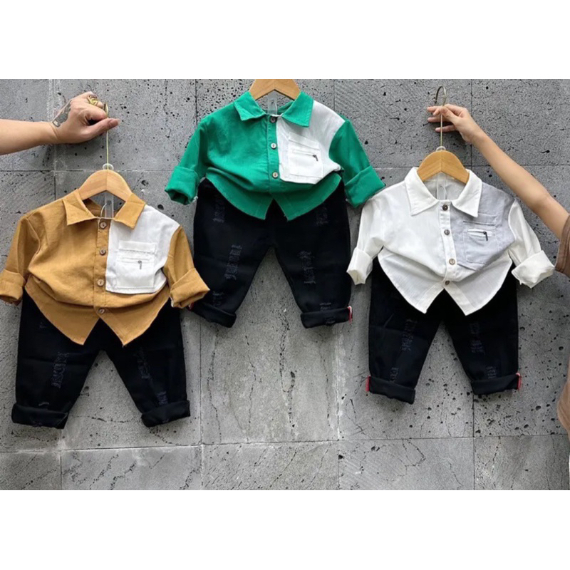 Sét bộ áo sơ mi đũi dài tay phối quần dài kaki rách cho bé trai