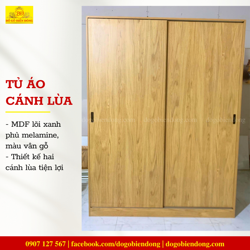Tủ quần áo 2 cánh lùa MDF chống ẩm phủ melamine loại 1, màu vân gỗ