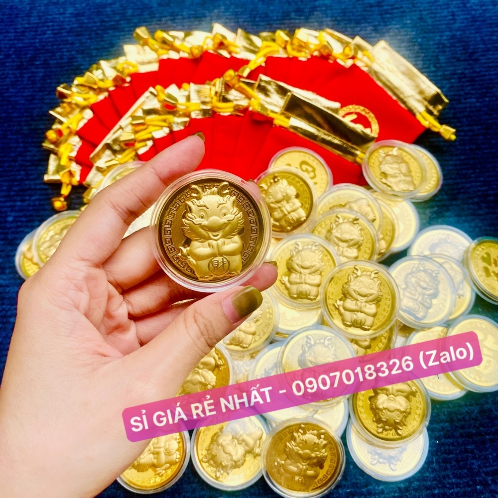 Combo 10 Xu con Rồng vàng + túi gấm Lộc làm quà tặng, đồng nghiệp khách hàng Tết Giáp Thìn