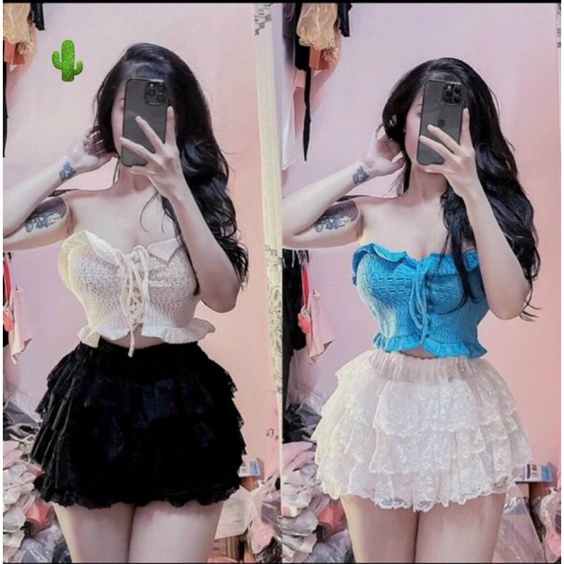 (Rẻ vô địch )Quần Ren Tầng gomboutique77 Chân váy ren tầng xếp ly dáng ngắn lưng cạp chun siêu xinh freesize dưới 52kg