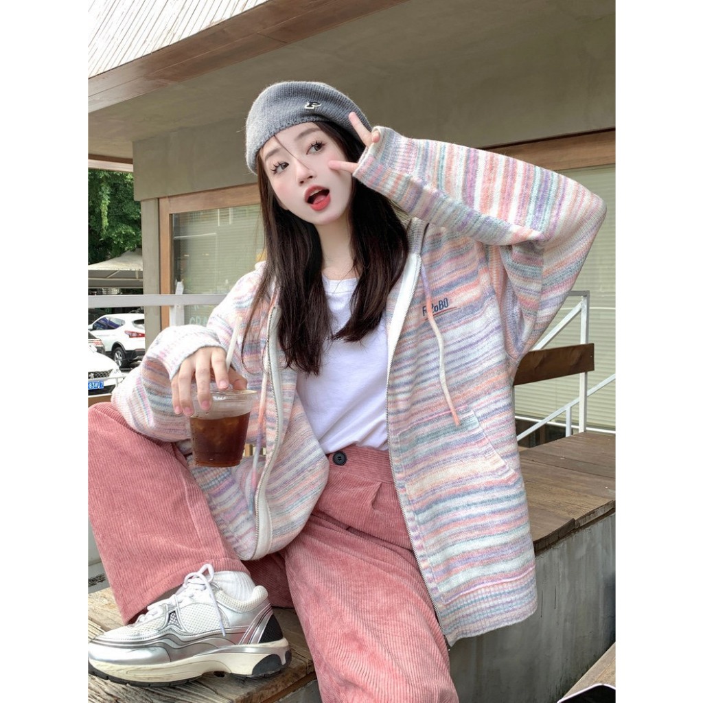 Áo khoác len nữ dáng rộng, áo khoác cardigan dáng dài có mũ, áo Hoodie nữ có khóa kéo màu hồng nhạt giá rẻ - 139