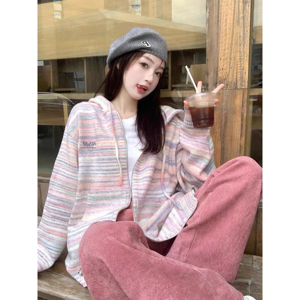 Áo khoác len nữ dáng rộng, áo khoác cardigan dáng dài có mũ, áo Hoodie nữ có khóa kéo màu hồng nhạt giá rẻ - 139