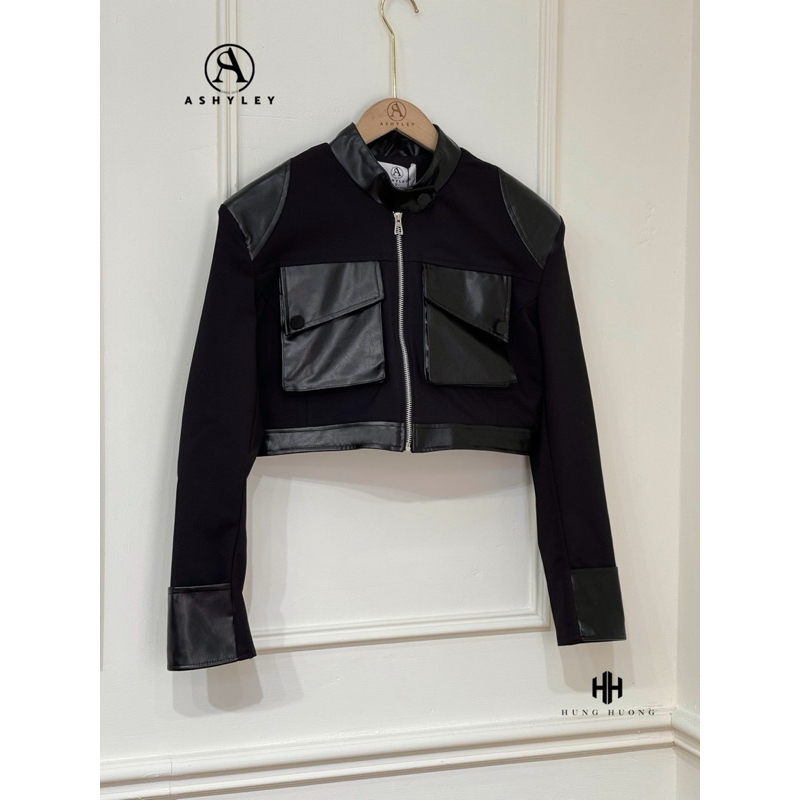 Áo kaki phối da dáng ngắn