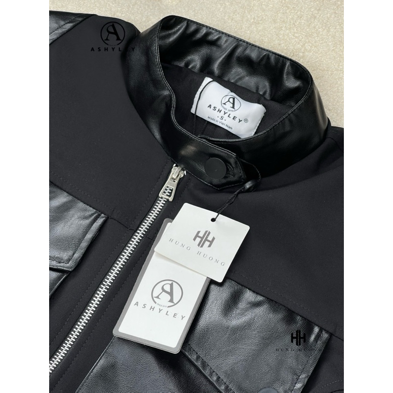 Áo kaki phối da dáng ngắn