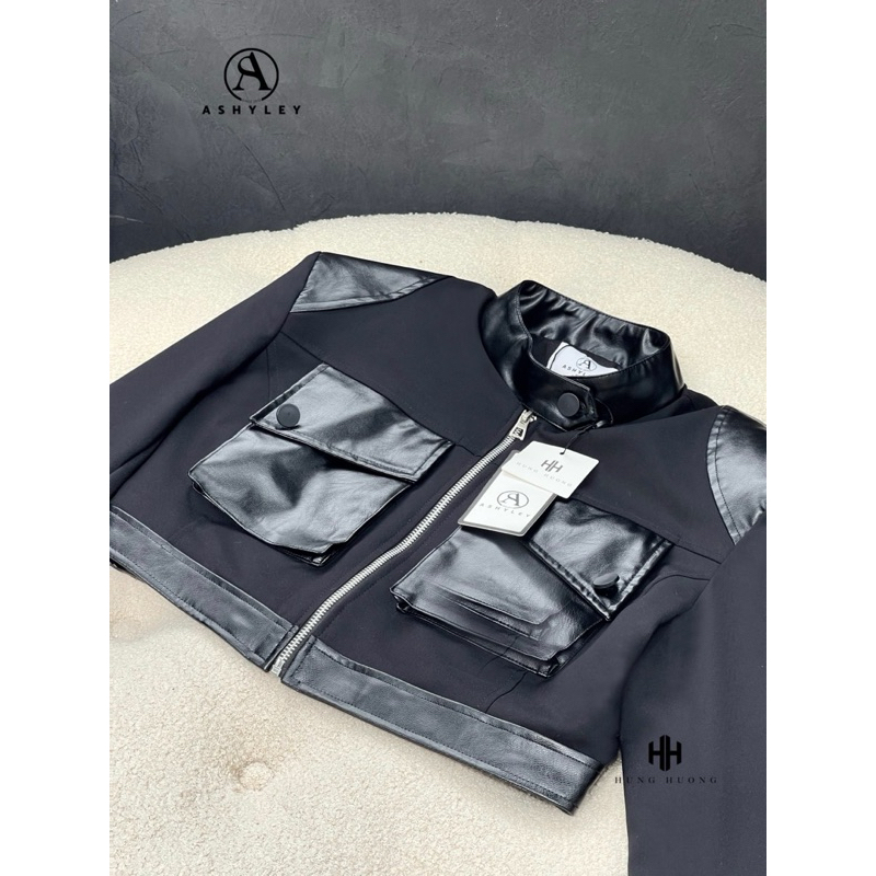 Áo kaki phối da dáng ngắn