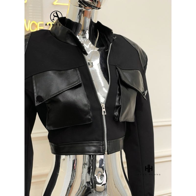 Áo kaki phối da dáng ngắn