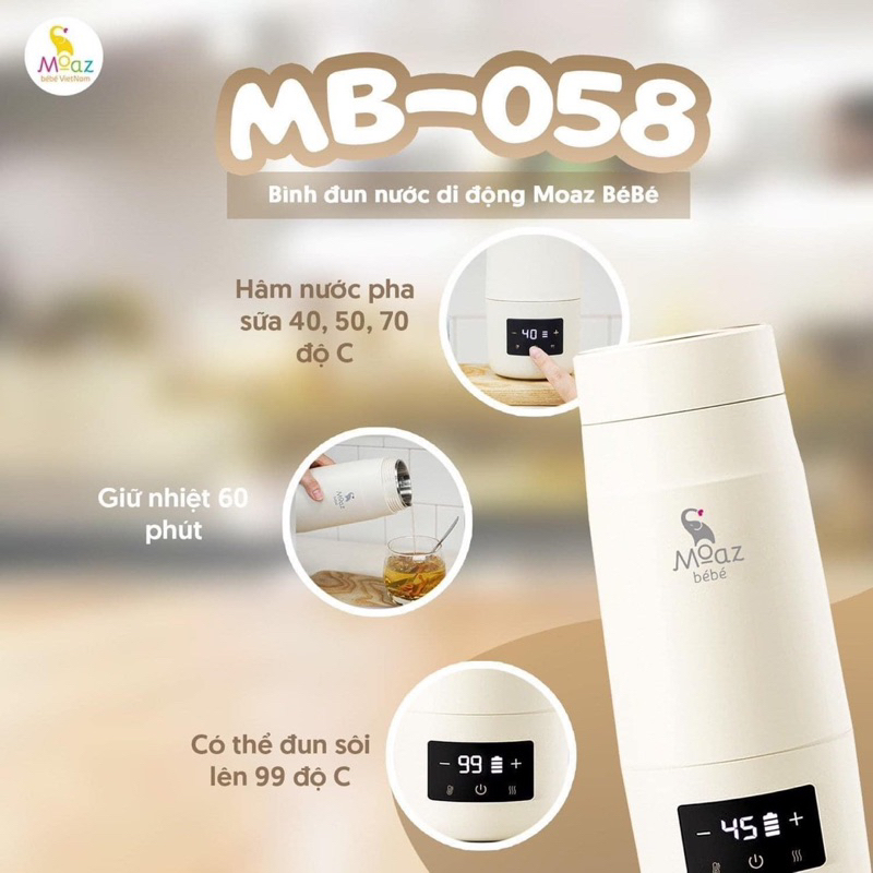 Bình đun nước pha sữa di động Moaz bebe MB058 pin sạc chính hãng bảo hành 12 tháng - minjee