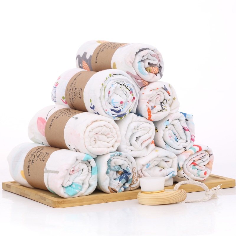 Khăn tắm xô sợi tre muslin cho bé sơ sinh 105x105cm 2 lớp dệt kép họa tiết dễ thương