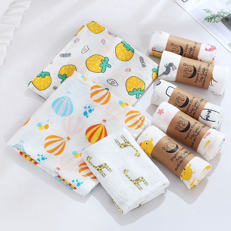 Khăn tắm xô sợi tre muslin cho bé sơ sinh 105x105cm 2 lớp dệt kép họa tiết dễ thương