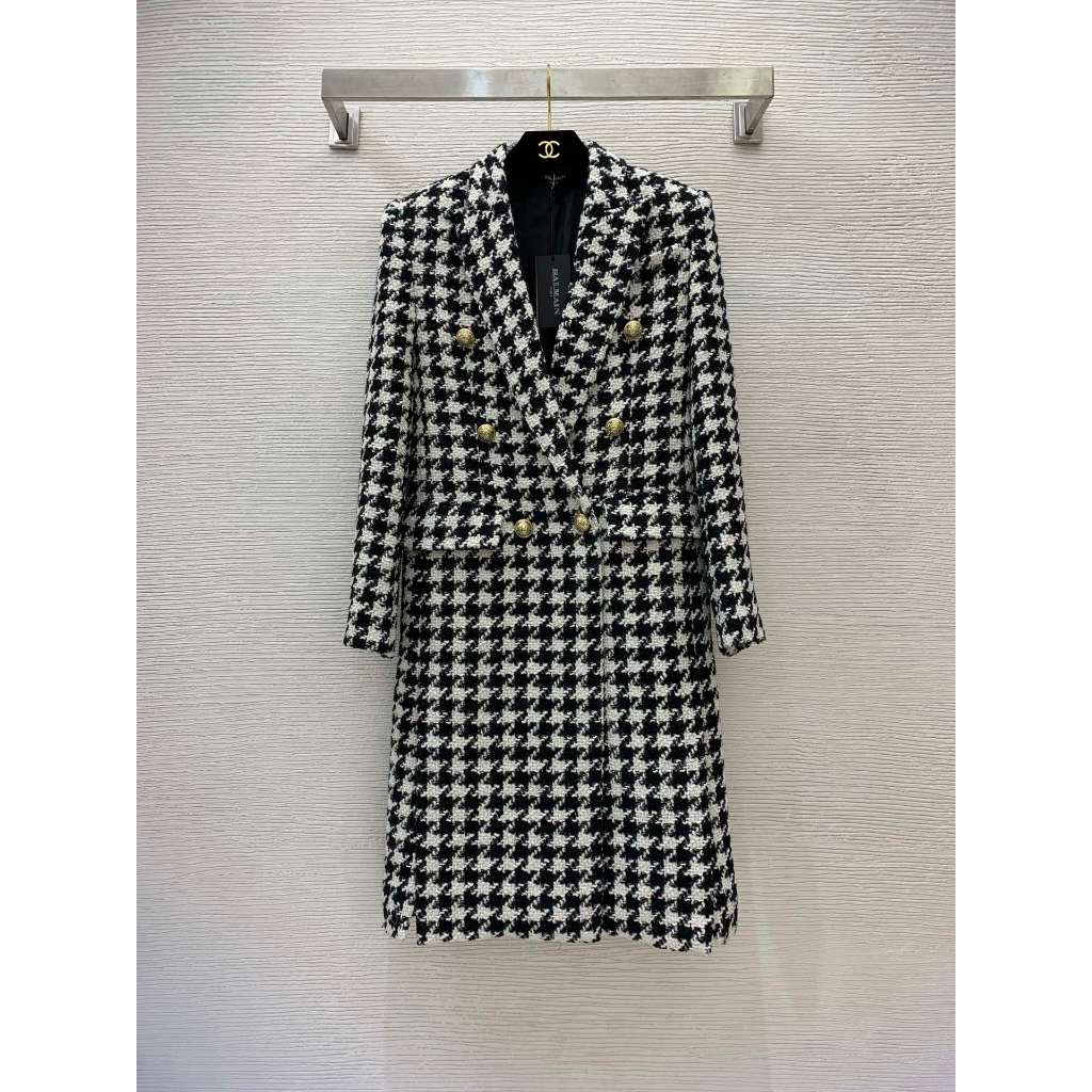 Áo khoác blazer nữ Balmain dài tay dáng dài hoạ tiết houndstooth cao cấp