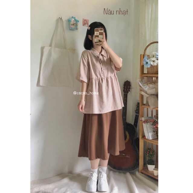 Áo sơ mi babydoll chân váy trắng Tô Tại Tại caro nhiều màu tặng cột tóc cùng màu áo