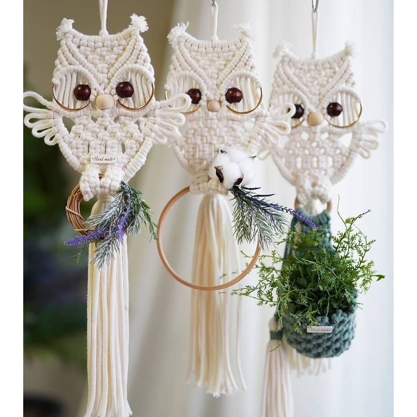 Treo cây trang trí hình cú thông thái macrame