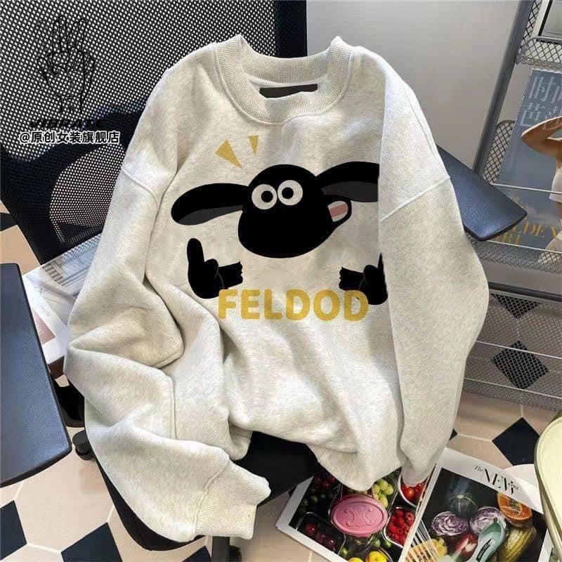 Áo sweater nỉ bông cotton màu xám hottrend 2023  in họa tiết CỪU ĐEN hoạt hình phong cách Hàn Quốc chất  nam nữ PDP