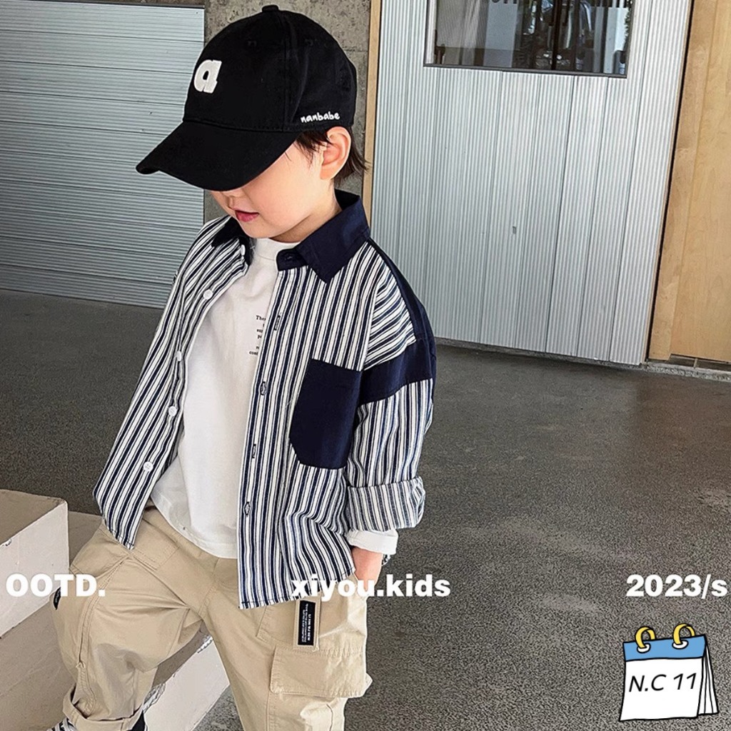 Set sơ mi 3ct kẻ đứng xanh bé trai