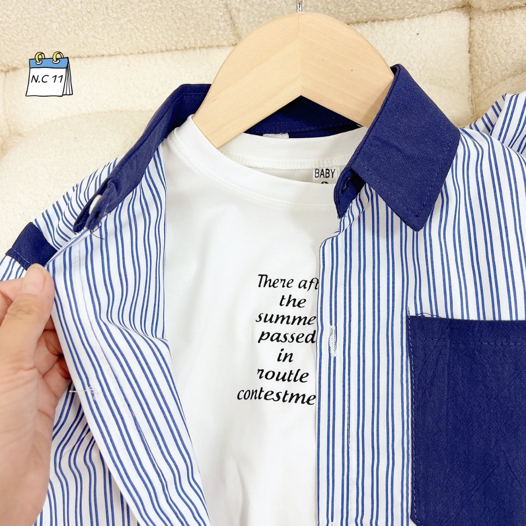 Set sơ mi 3ct kẻ đứng xanh bé trai