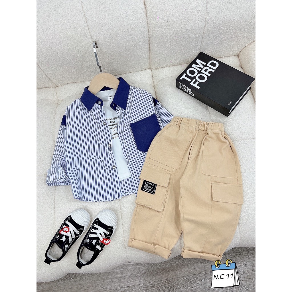 Set sơ mi 3ct kẻ đứng xanh bé trai