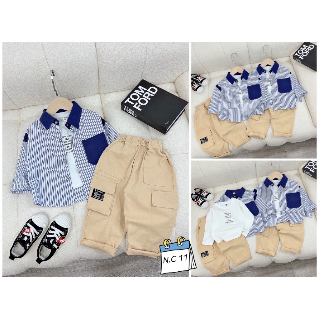 Set sơ mi 3ct kẻ đứng xanh bé trai