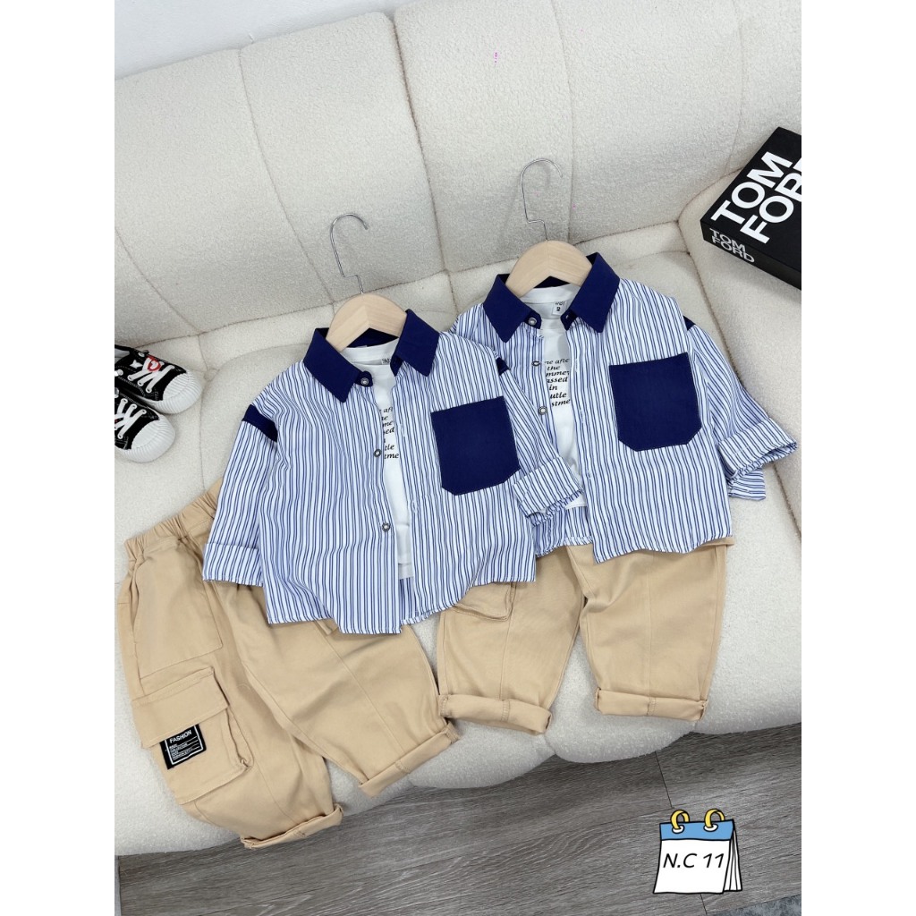 Set sơ mi 3ct kẻ đứng xanh bé trai
