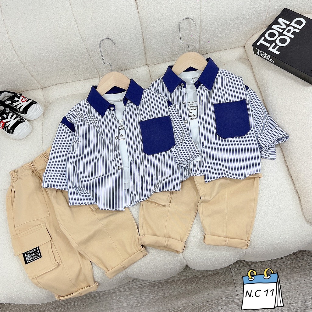 Set sơ mi 3ct kẻ đứng xanh bé trai