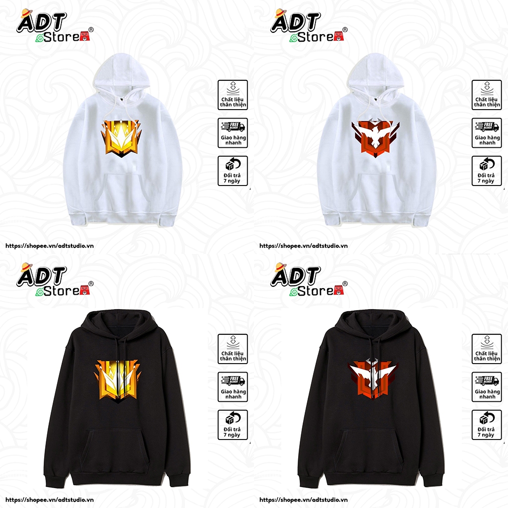 BST Mẫu áo free fire 3D, áo hoodie freefire, logo rank thách đấu, rank huyền thoại 2 màu đen trắng