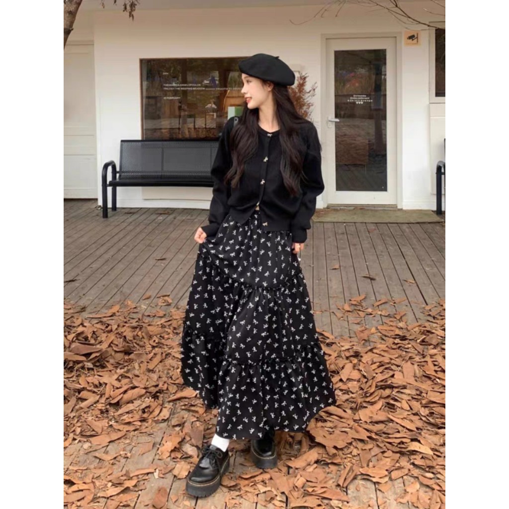 Set áo len dài tay + chân váy hoa S11