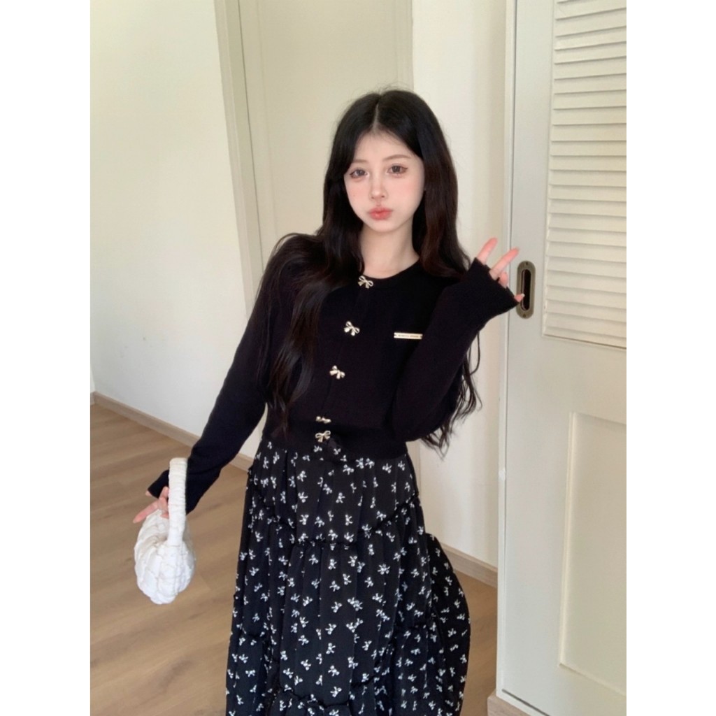 Set áo len dài tay + chân váy hoa S11
