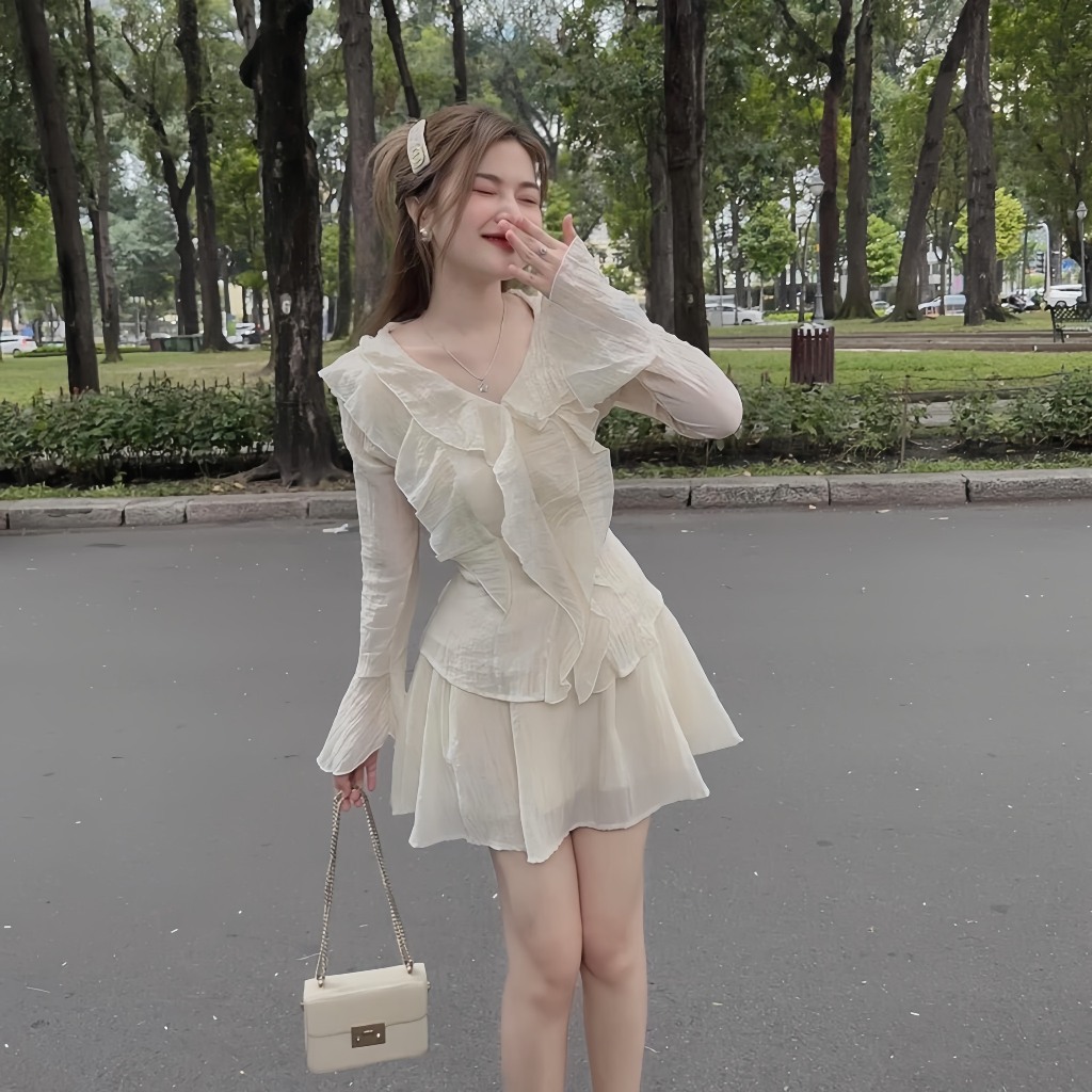 Sét Váy Nữ Áo Bèo Đũi Gân Cúc Ngọc Kèm Chân Váy Xoè Tiểu Thư