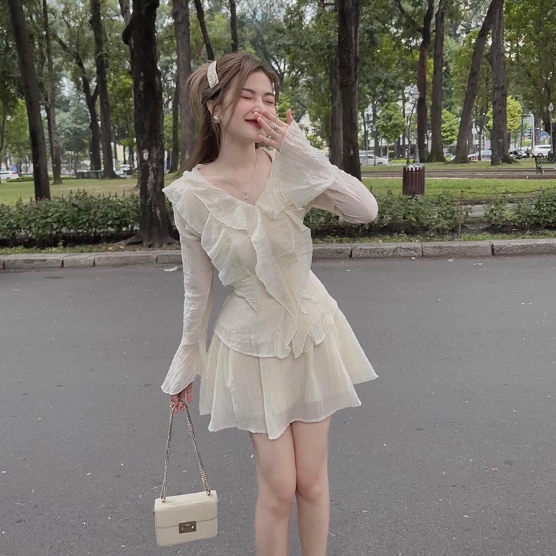 Sét Váy Nữ Áo Bèo Đũi Gân Cúc Ngọc Kèm Chân Váy Xoè Tiểu Thư