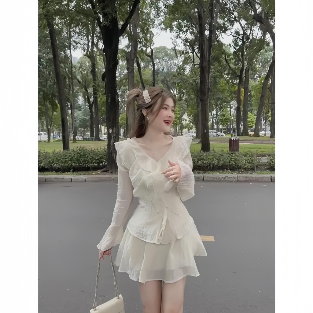 Sét Váy Nữ Áo Bèo Đũi Gân Cúc Ngọc Kèm Chân Váy Xoè Tiểu Thư