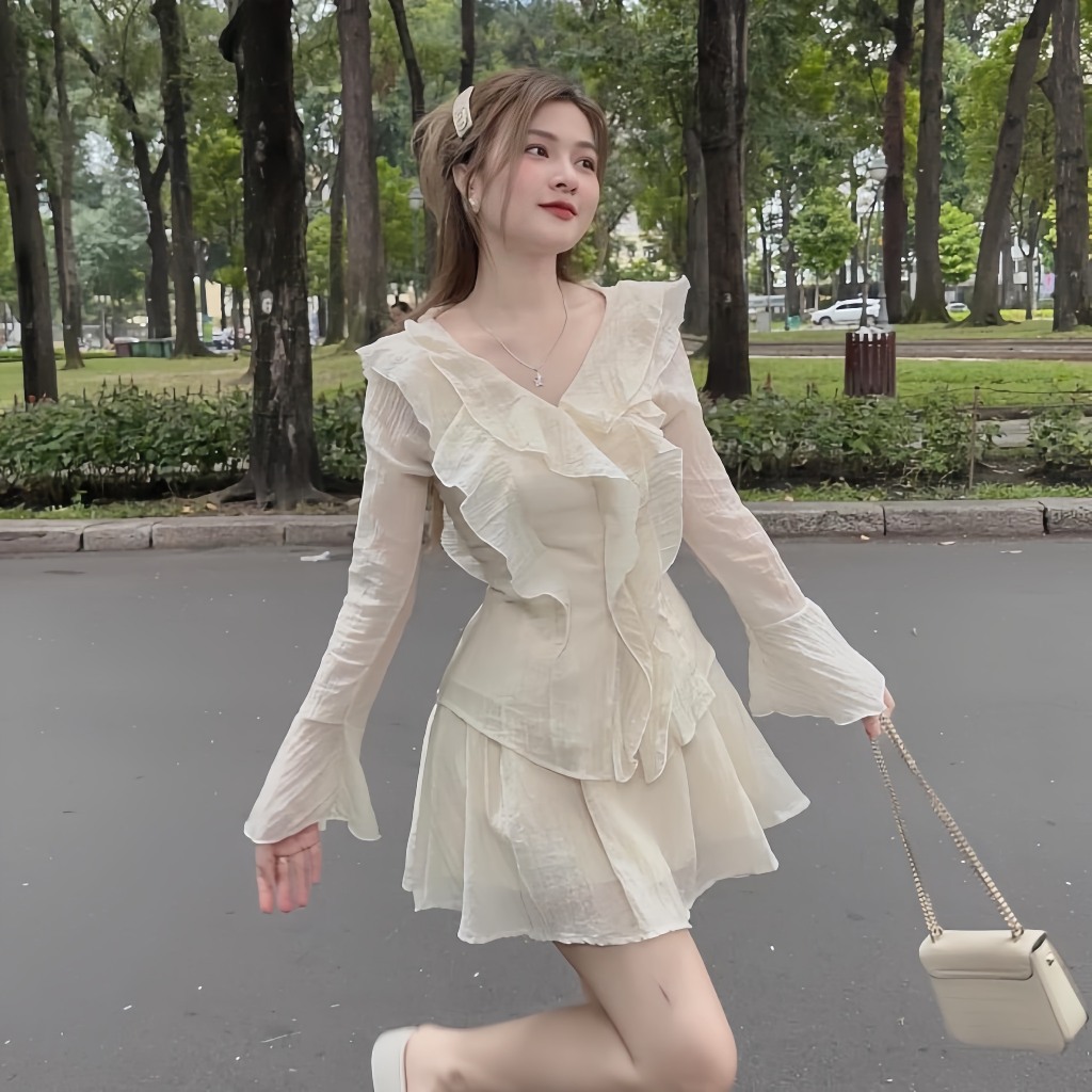 Sét Váy Nữ Áo Bèo Đũi Gân Cúc Ngọc Kèm Chân Váy Xoè Tiểu Thư
