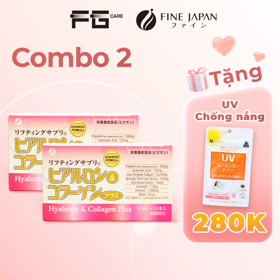 Combo 2 Collagen Nước Nhật Bản Bổ Sung Vitamin C Dưỡng Ẩm - Fine Japan Hyaluron Collagen Plus (2 Hộp x 10 Chai x 50ml)m