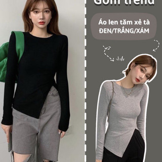 (SALE 10c đầu tiên lấy đánh giá) HK Áo thun Len ôm body cách điệu xẻ tà dài tay cổ tròn sexy cá tính