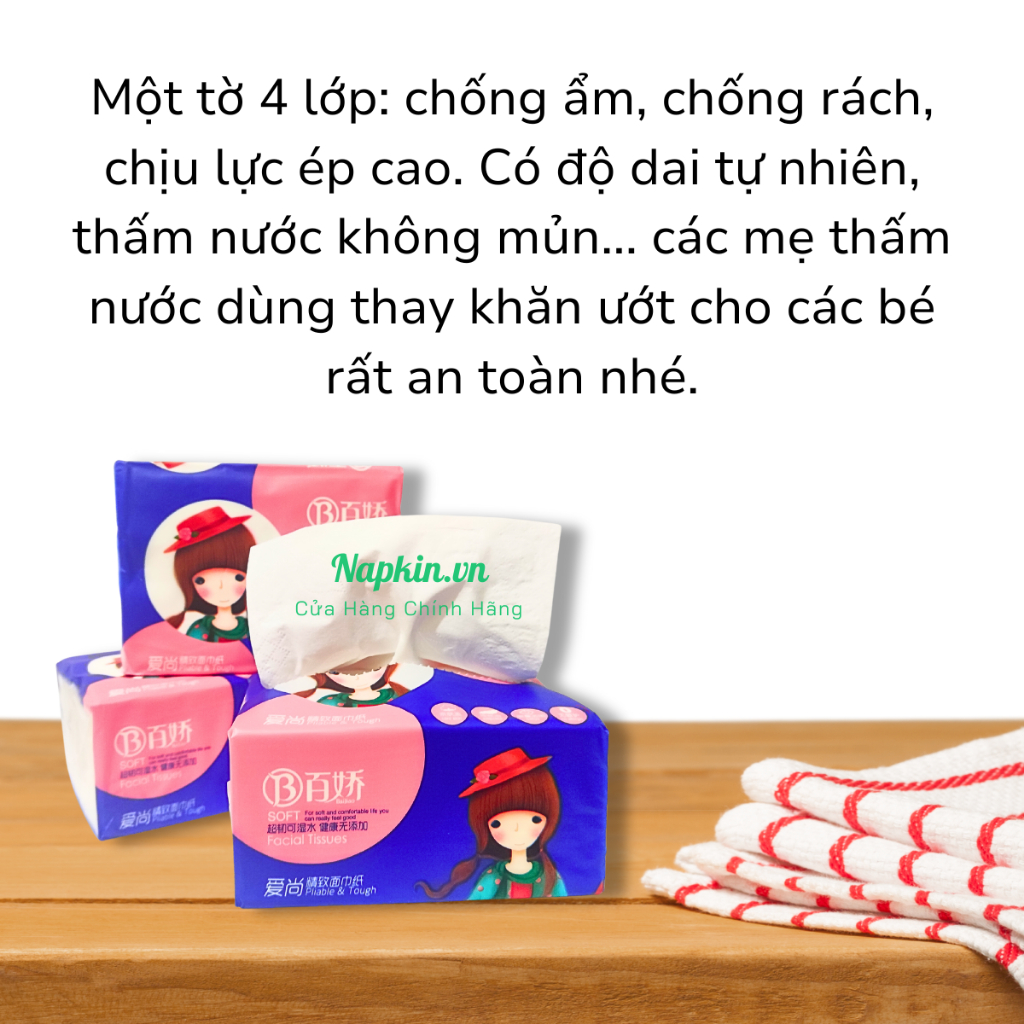 Gói Giấy ăn Bách Kiều Cao Cấp Giấy 4 Lớp 328 Tờ Siêu Dai Mềm Mịn Không Chất Tẩy Trắng An Toàn
