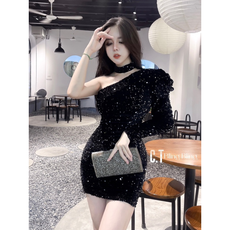Đầm thiết kế lệch vai đi tiệc bling 2 lớp kèm vòng cổ